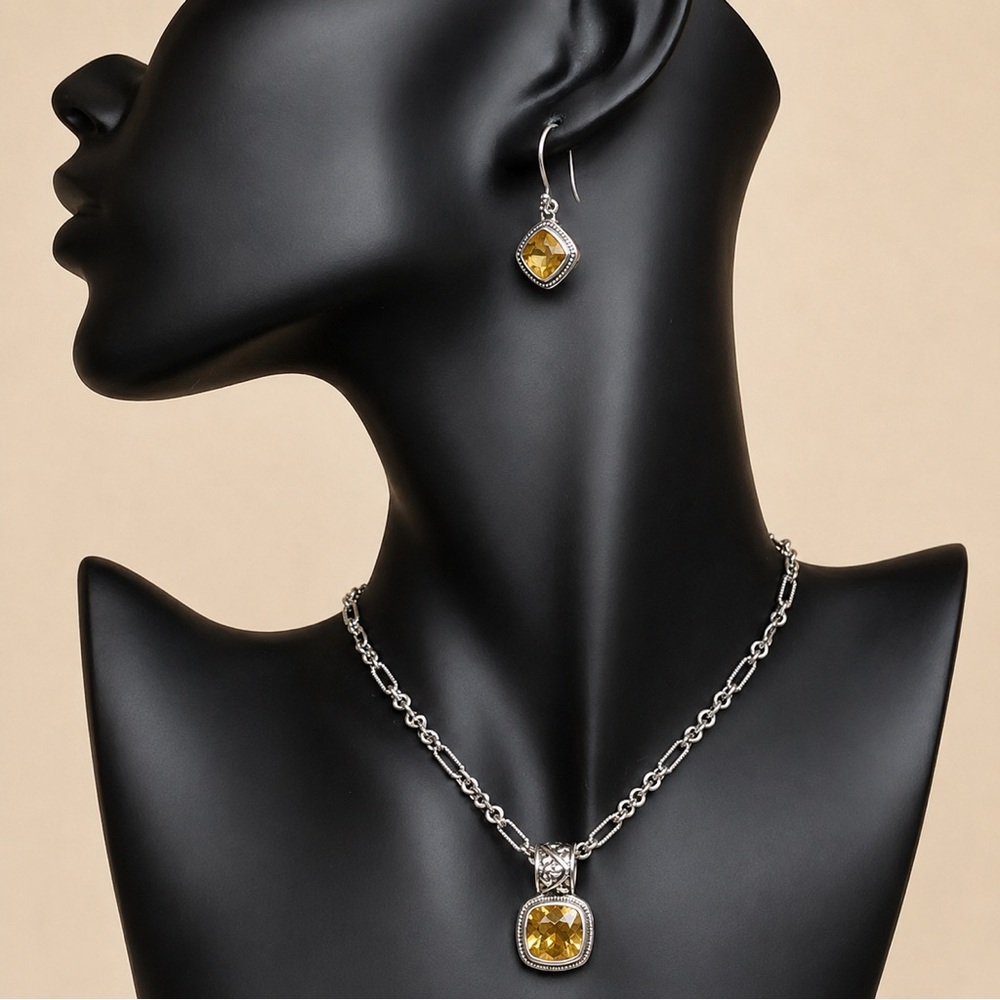 LORI BONN Cushion Cut Citrine Earrings & Sterling Silver Variegated Necklace